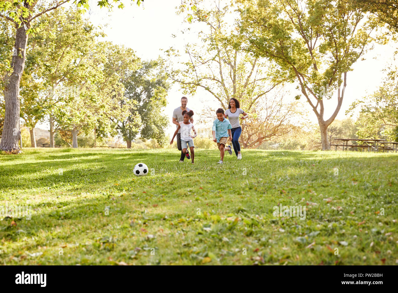 Family playing soccer in park hi-res stock photography and images - Alamy