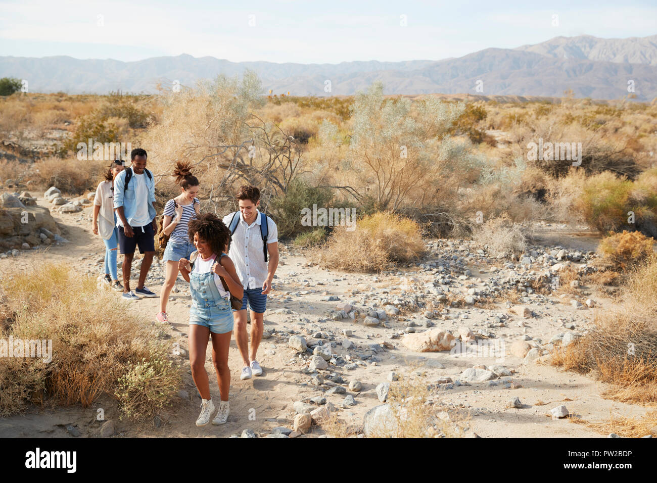 Group Of Young Friends Hiking Through Desert Countryside Together Stock ...