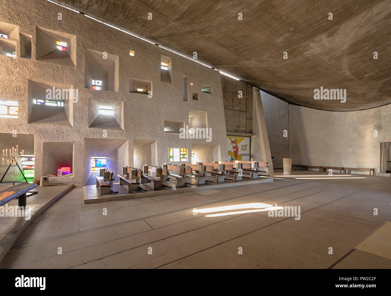 Interior view of Notre-Dame du Haut, chapel at Ronchamp, France, by  architect Le Corbusier, finished in 1955 Stock Photo - Alamy