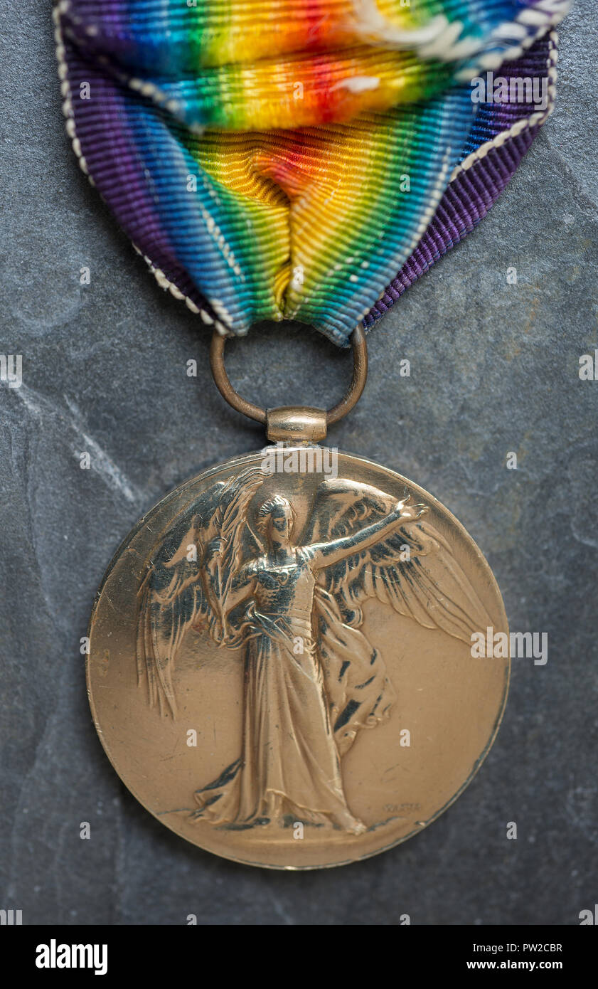 WW1 British Campaign Medal, the British Victory Medal on a slate background. Stock Photo