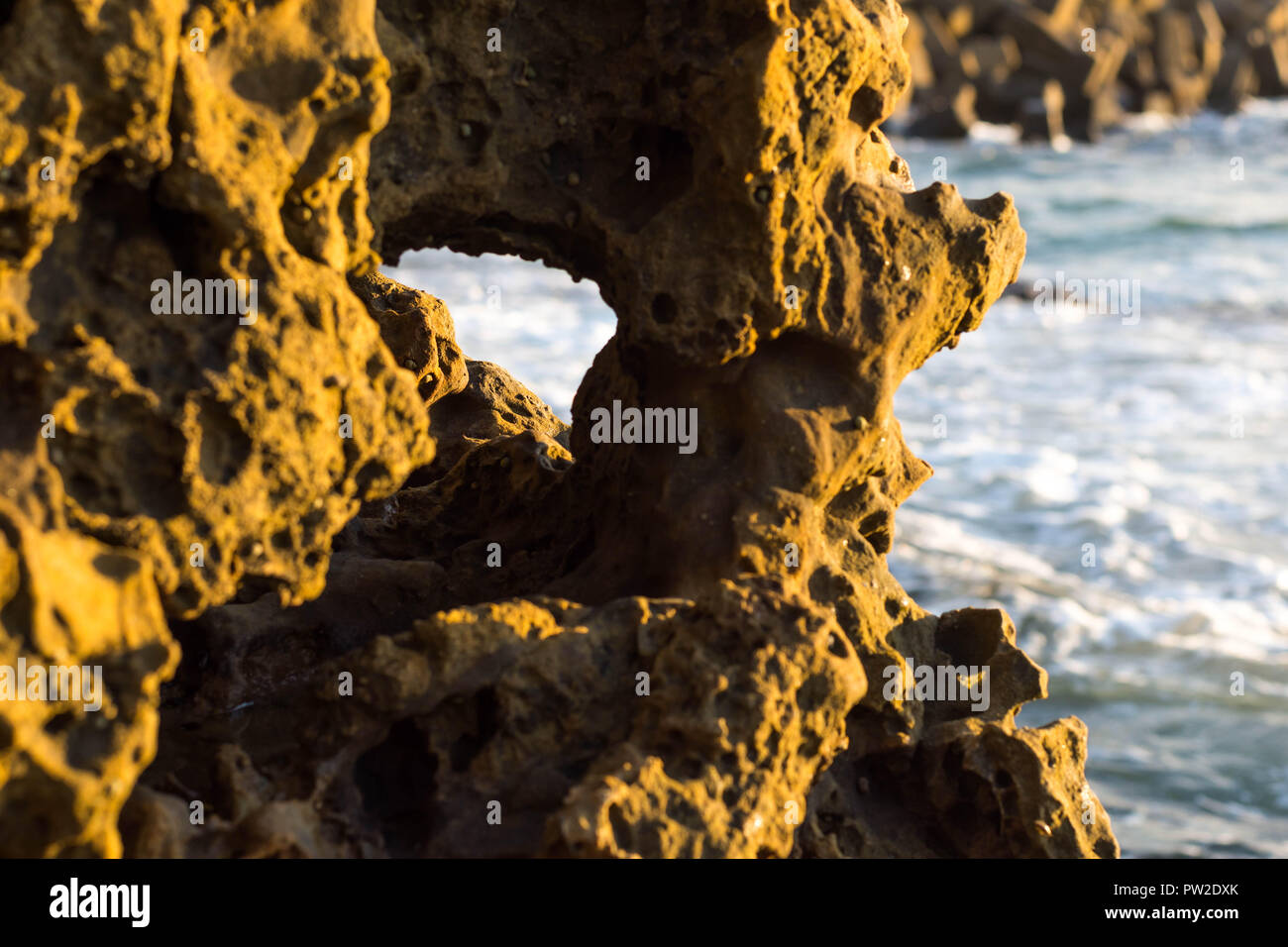Japanese Seaside Rocks A warm photo of a sea rock or boulder with natural holes during sunset ...