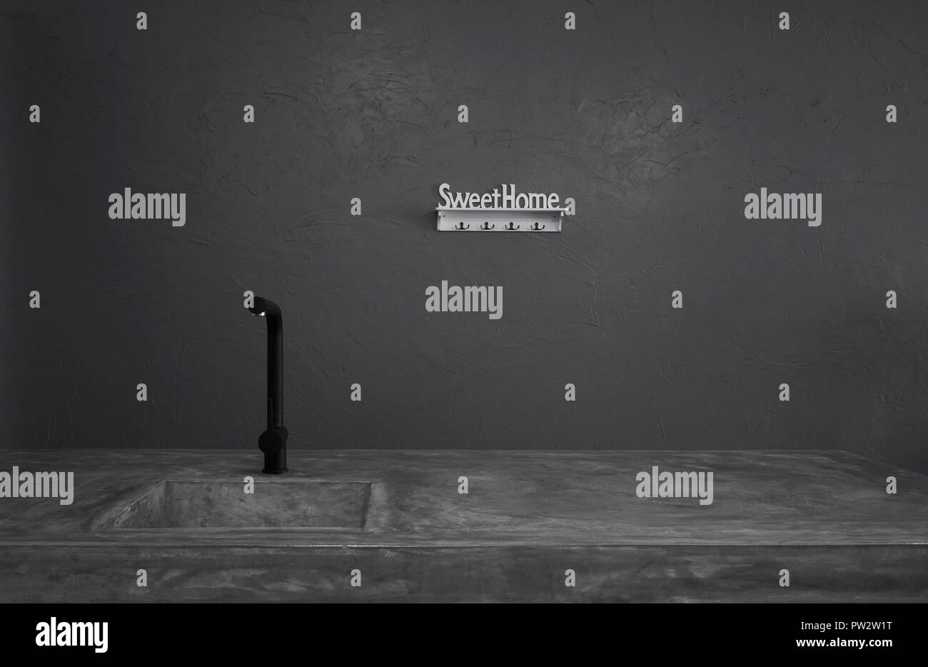 Modern Black Faucet And Kitchen Room Sink With Cement Countertops