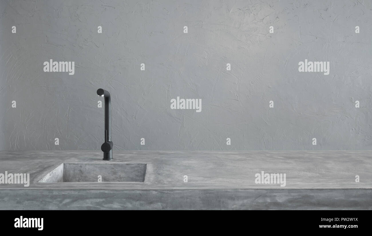 Modern Black Faucet And Kitchen Room Sink With Cement Countertops