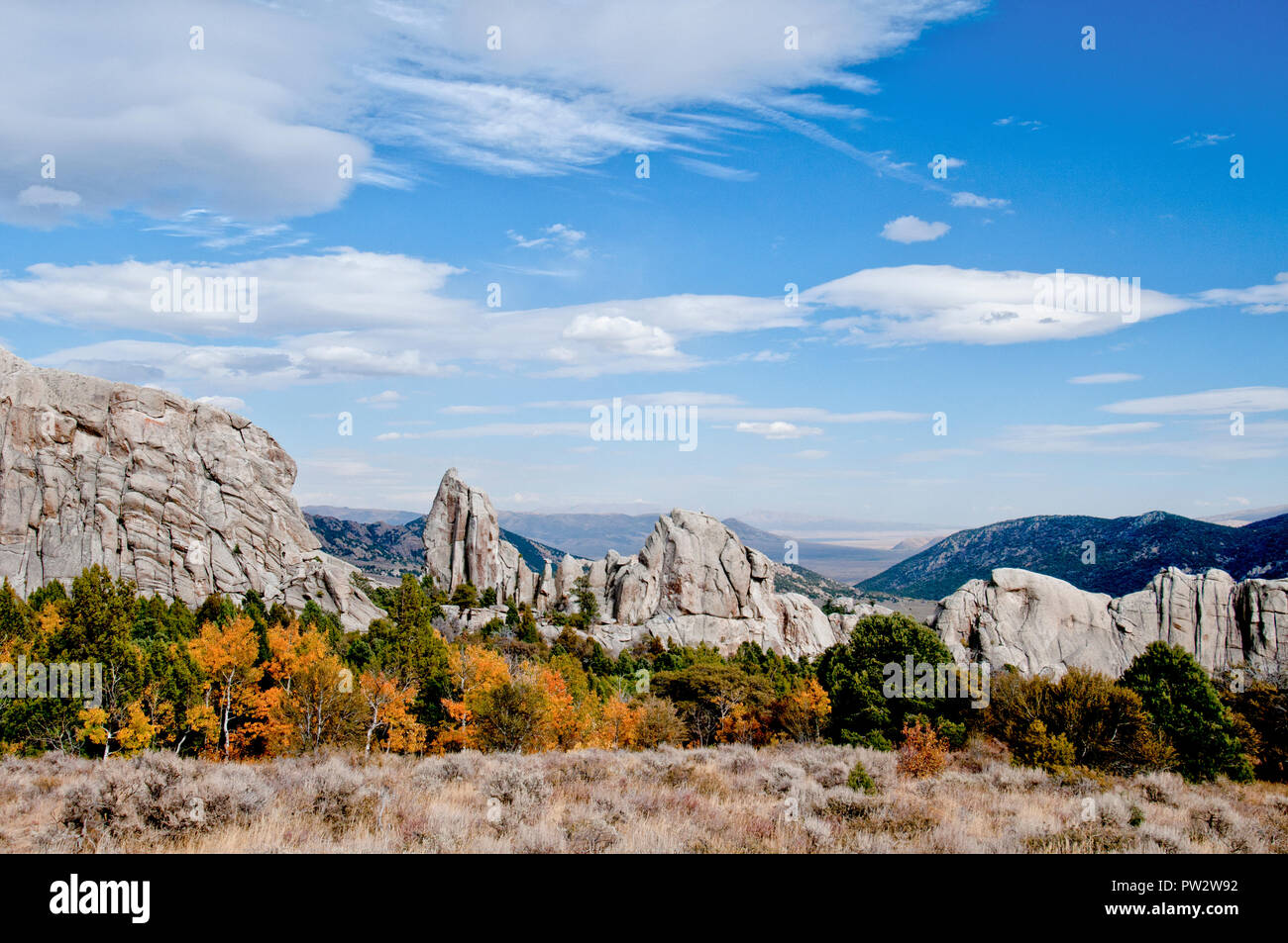Fall color in City of Rocks National Reserve in south-central Idaho Stock Photo
