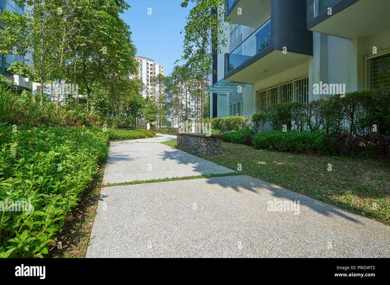 walk way of modern residential buildings, Facade of new low-energy houses Stock Photo