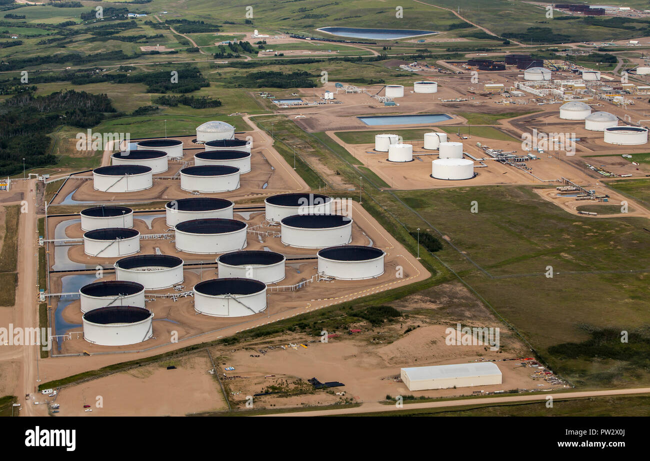 Aerial view of petroleum storage tank farm near Hardisty, Alberta Stock