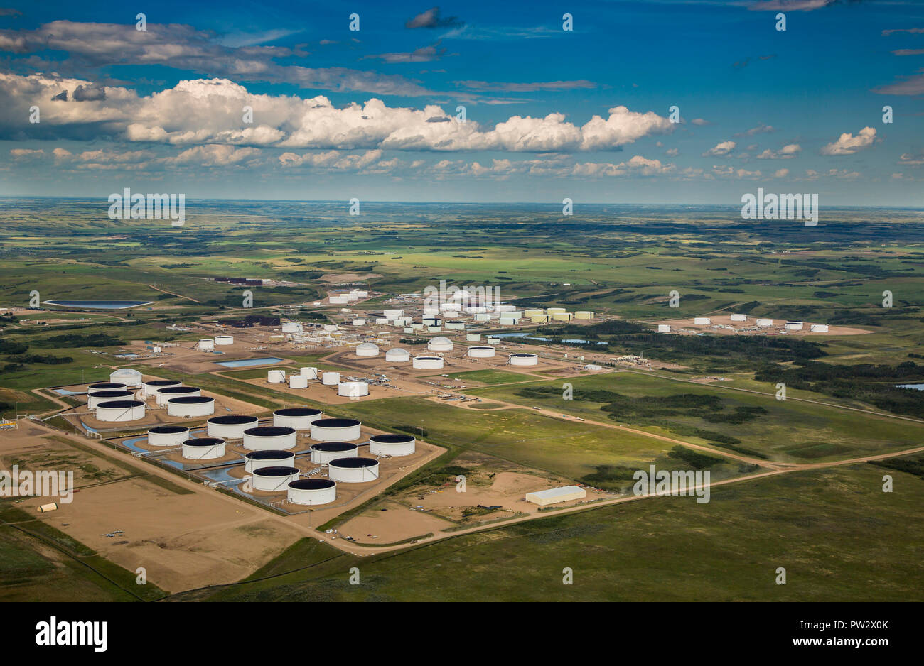 Aerial view of petroleum storage tank farm near Hardisty, Alberta Stock