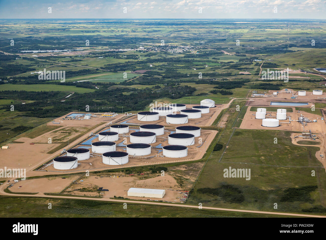 Aerial view of petroleum storage tank farm near Hardisty, Alberta Stock