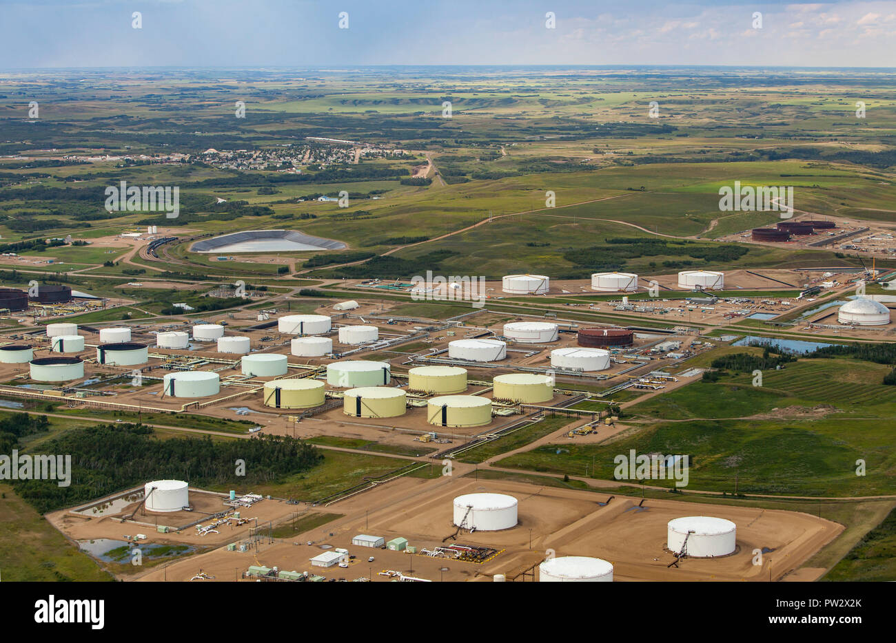 Aerial view of petroleum storage tank farm near Hardisty, Alberta Stock