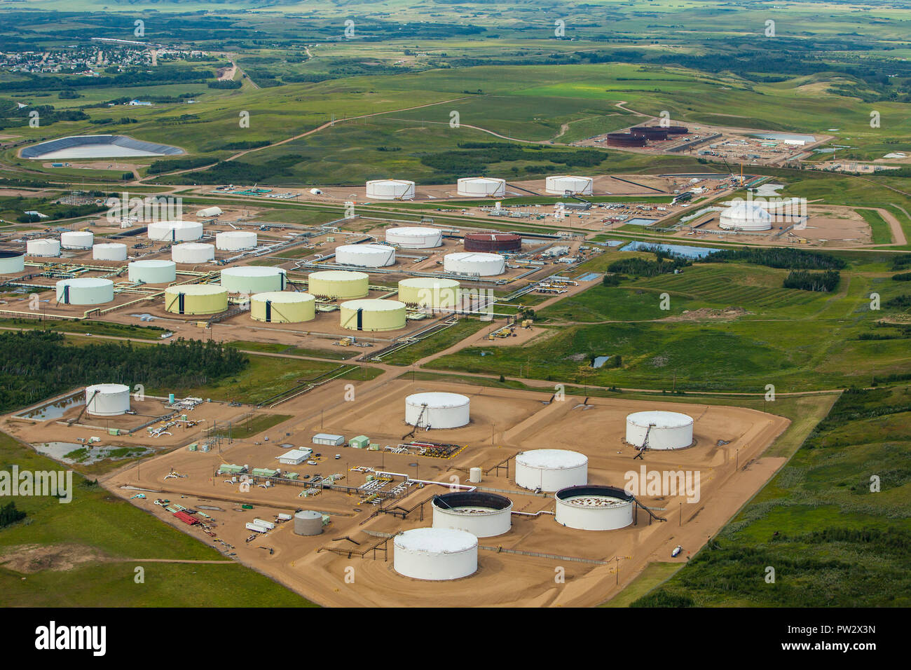 Aerial view of petroleum storage tank farm near Hardisty, Alberta Stock