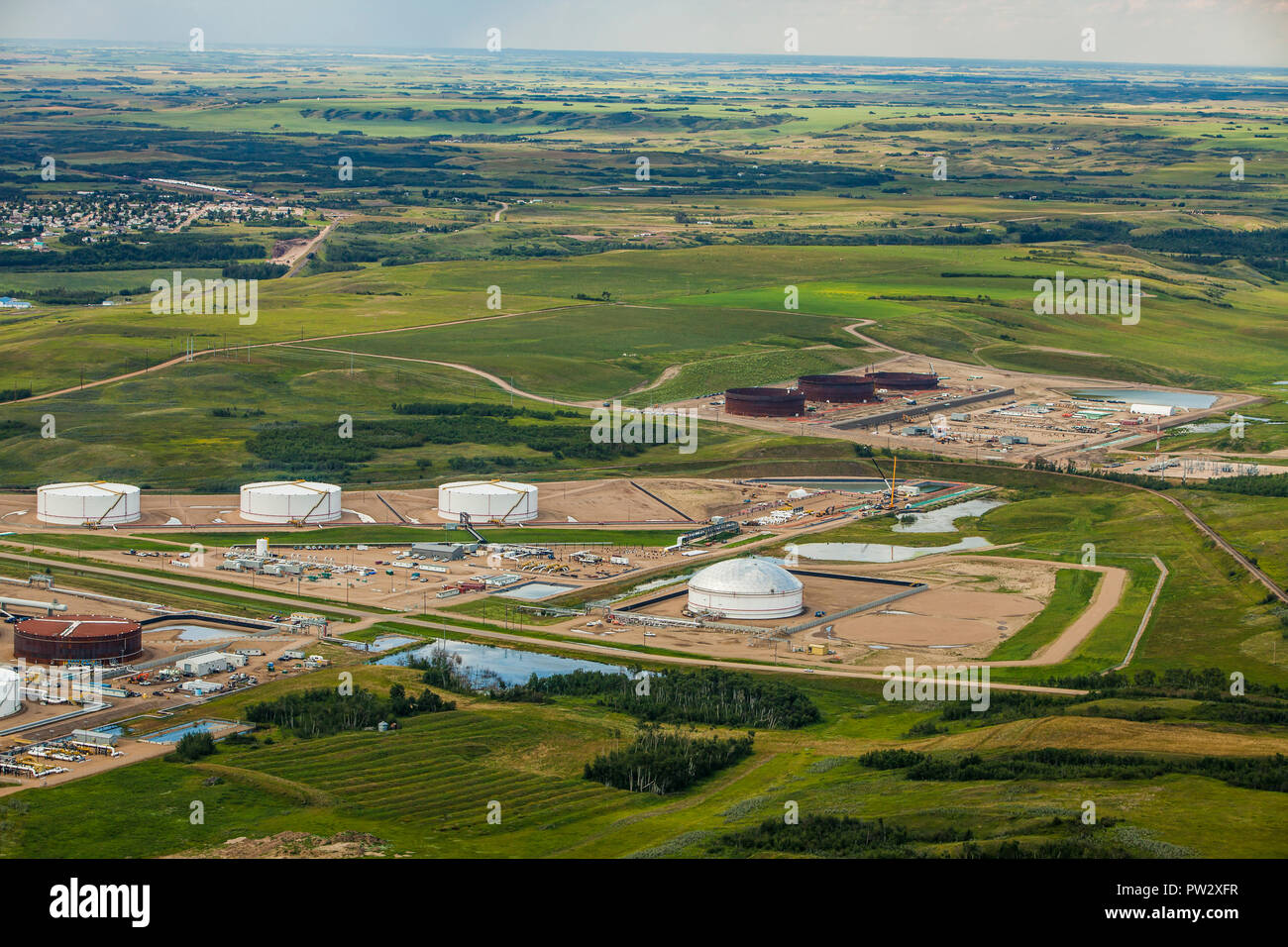 Aerial view of petroleum storage tank farm near Hardisty, Alberta Stock