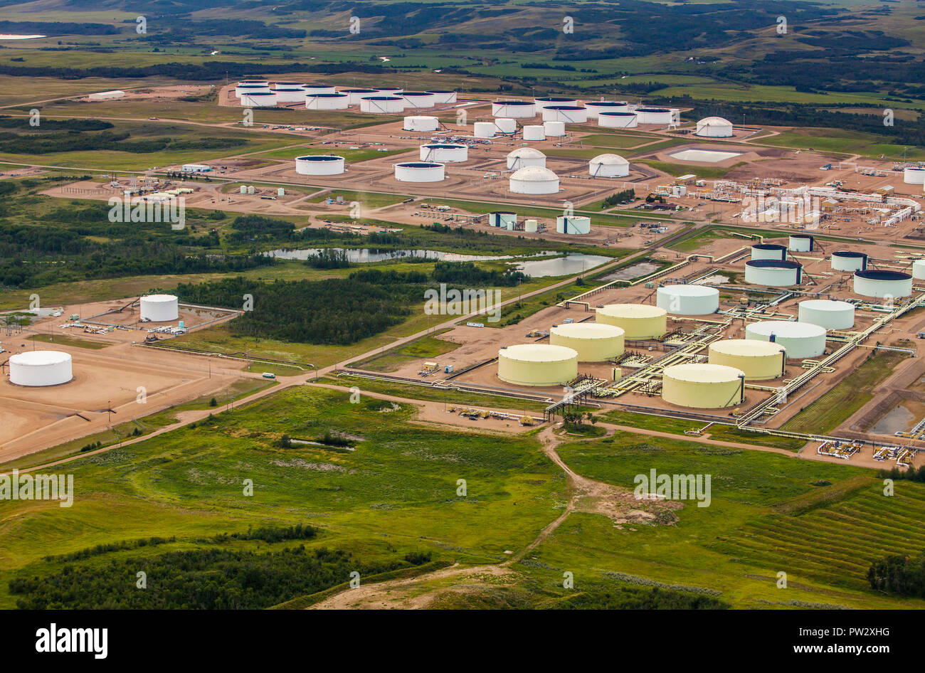 Aerial view of petroleum storage tank farm near Hardisty, Alberta. Stock Photo