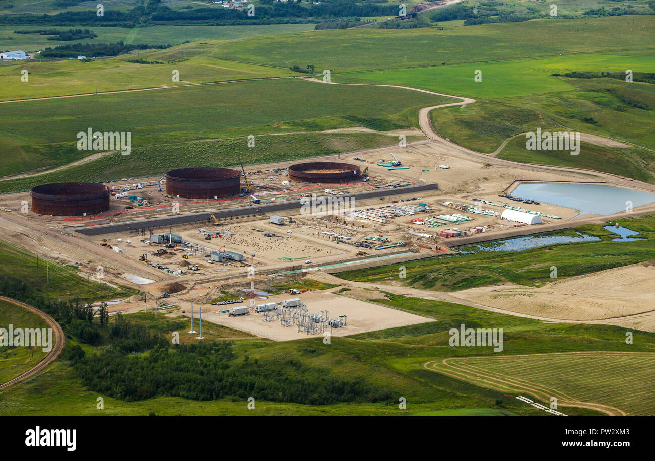 Aerial view of construction of petroleum storage tank farm near