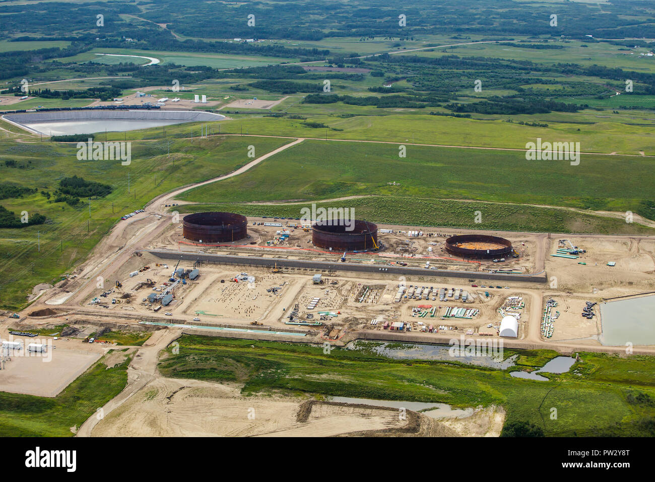 Aerial view of construction of petroleum storage tank farm near