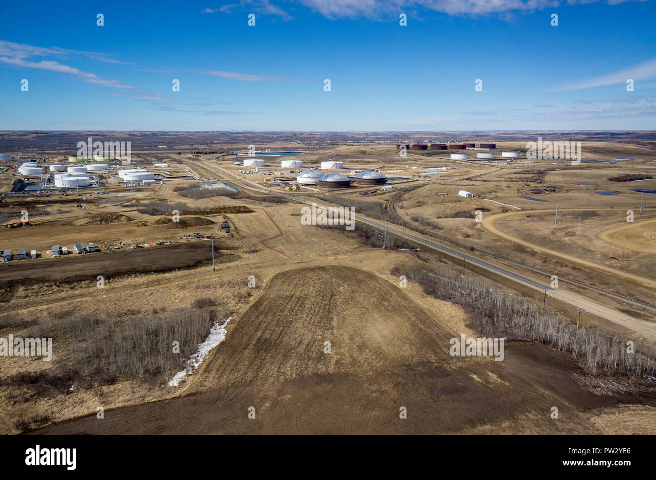 Aerial view of petroleum storage tank farm near Hardisty, Alberta Stock