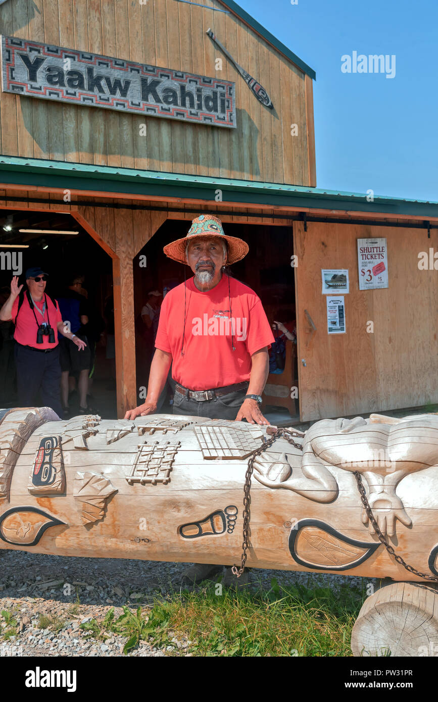 Local craftsman with carved totem, Hoonah, Alaska, USA Stock Photo Alamy