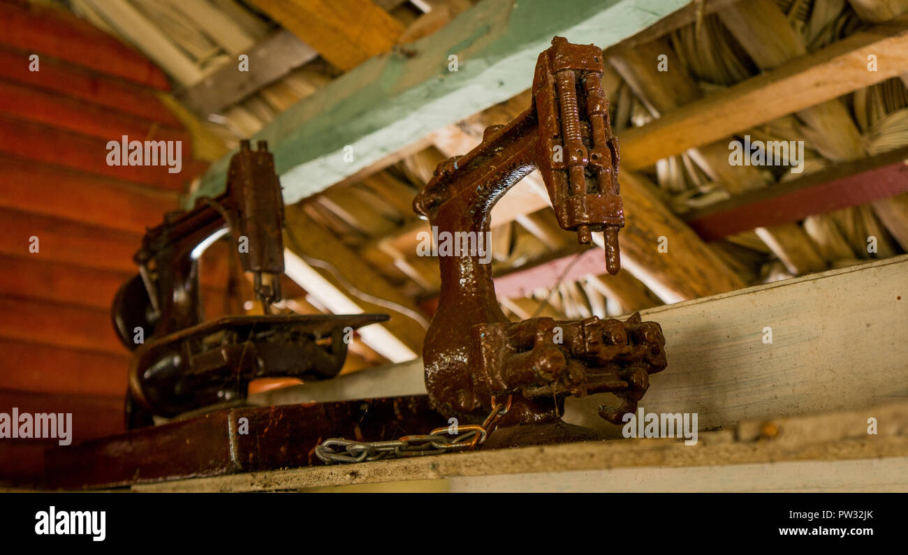 Two sewing machines placed decoration in the yard. Stock Photo