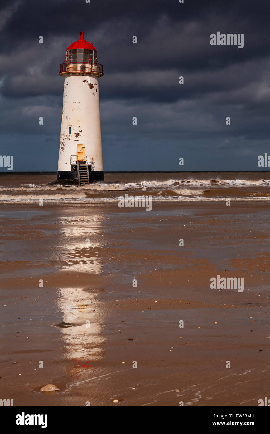 Point of Ayr lighthouse on Talacre beach, North Wales coast on a stromy day Stock Photo