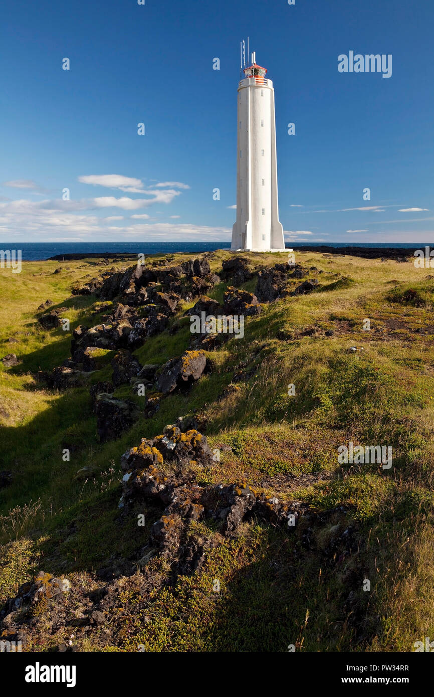 Coastal landscape with the lighthouse of Malarrif, Snæfellsjökull National Park, Snæfellsnes Peninsula, West Iceland Stock Photo