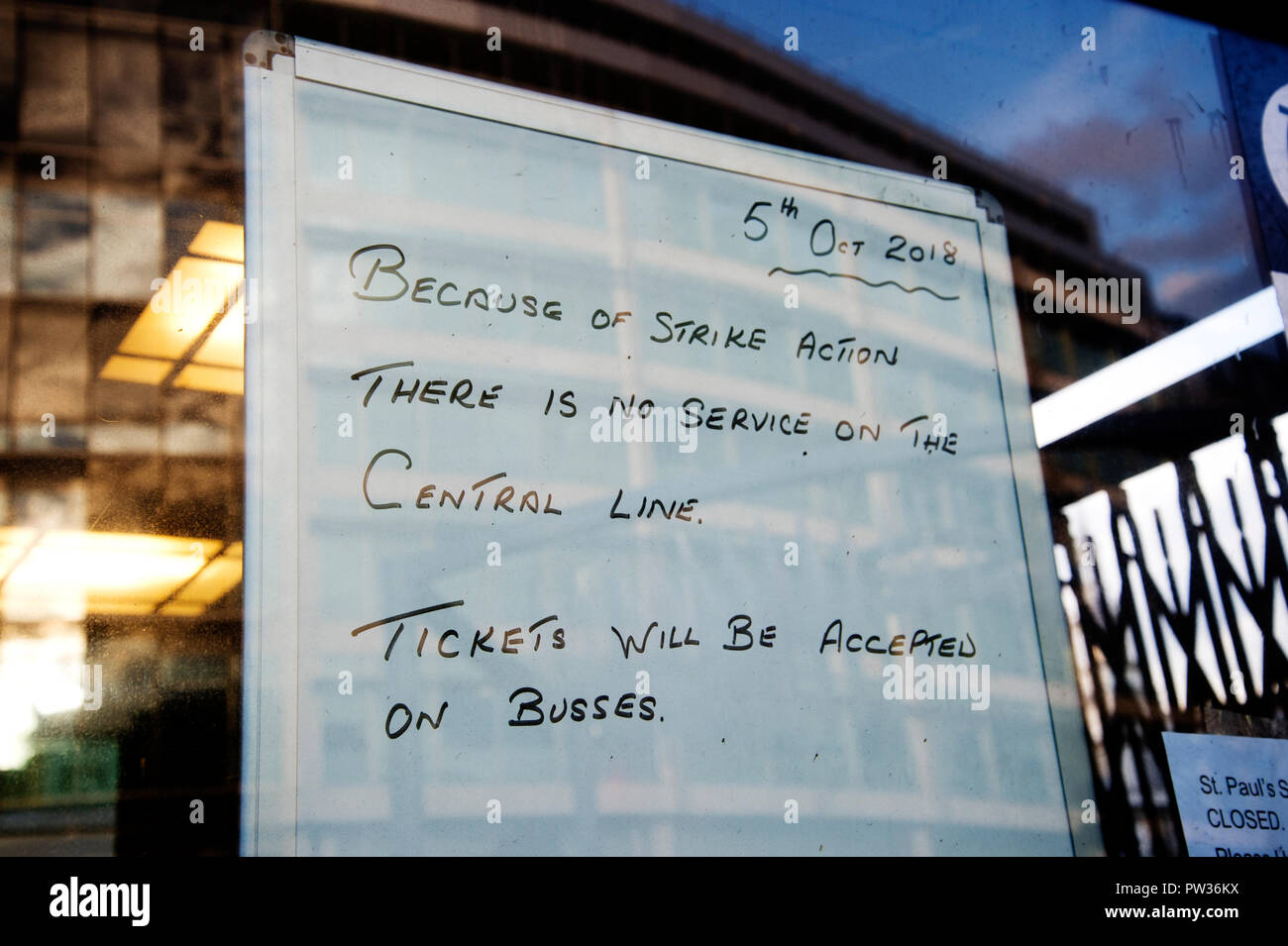 Sign at Liverpool Street station saying no trains on Central line because of strike Stock Photo