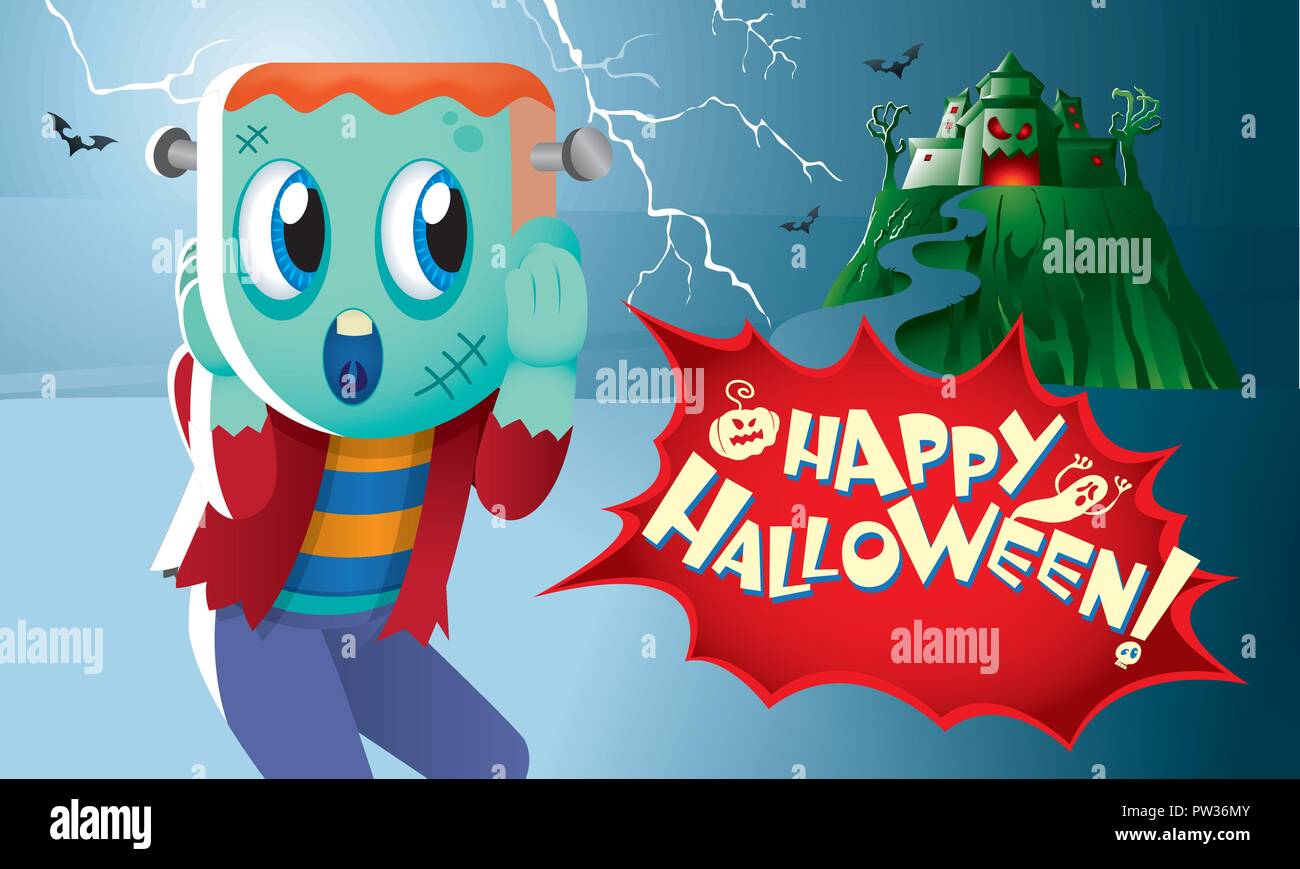 A cute Frankenstein with a haunted castle. Stock Vector
