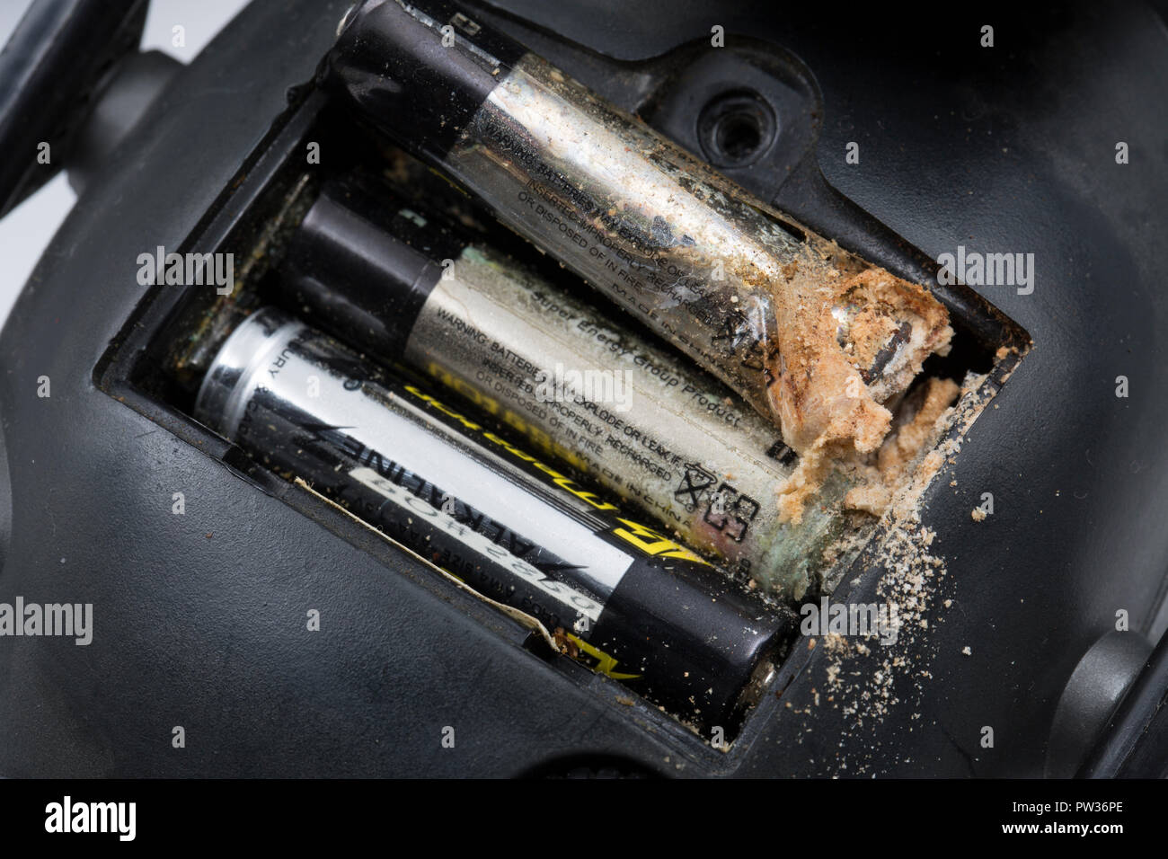 An alkaline AAA battery that has been left for several years in a pair of  electronic hearing defenders and leaked from the negative end of the battery  Stock Photo - Alamy