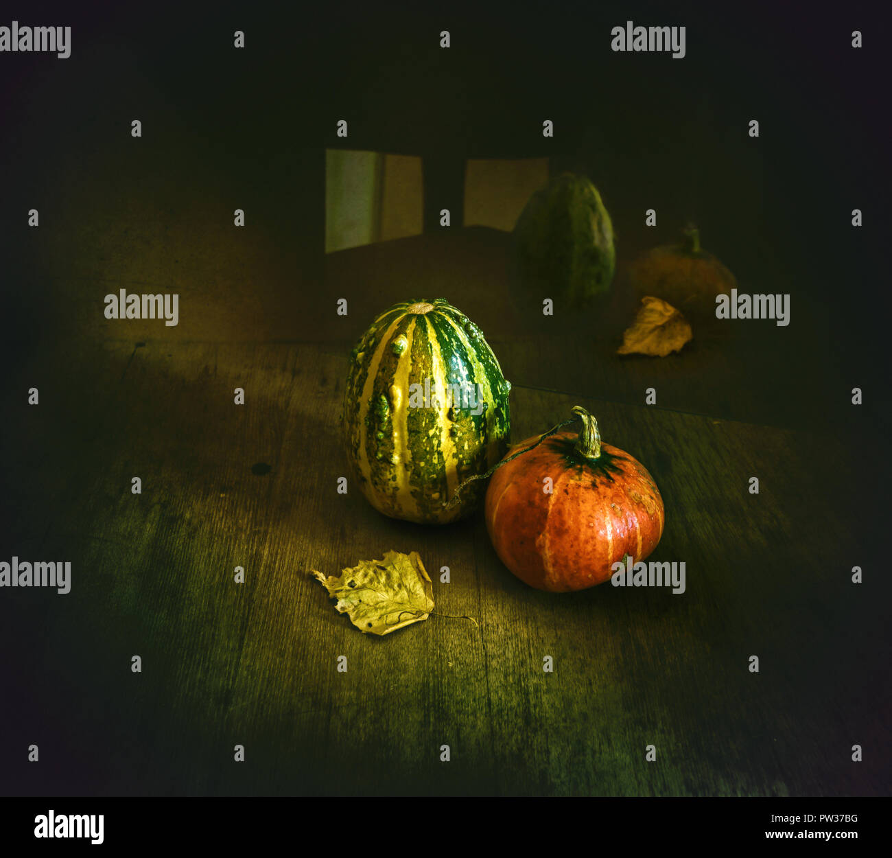 still life with pumpkin and autumn leaves. vintage food. Halloween ...