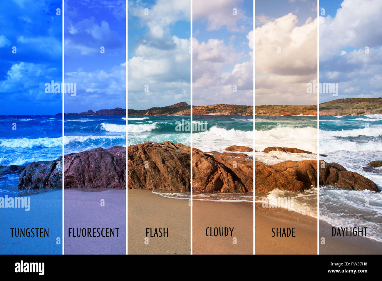 picture of a beach with different color balances, such as tungsten, fluorescent, flash, cloudy, shade or daylight Stock Photo