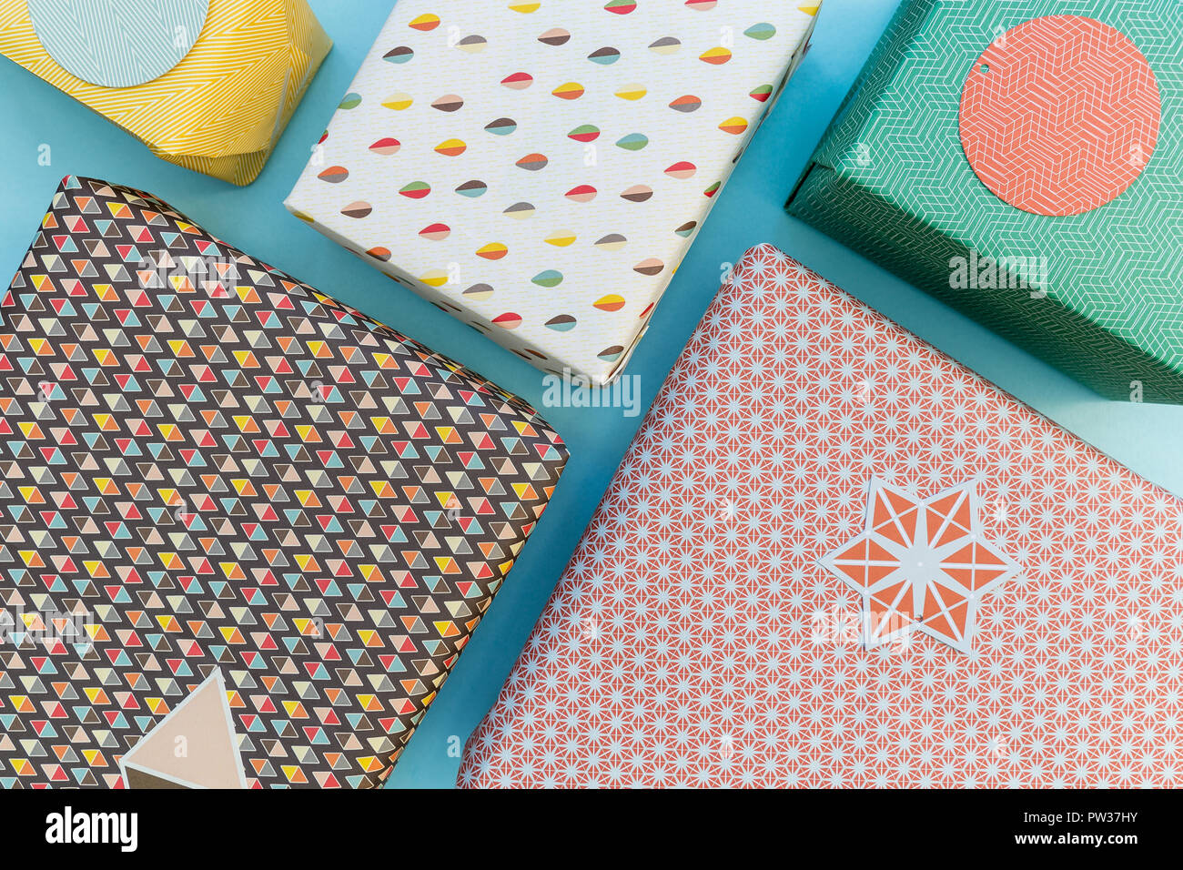 Christmas present gift boxes on blue background Stock Photo