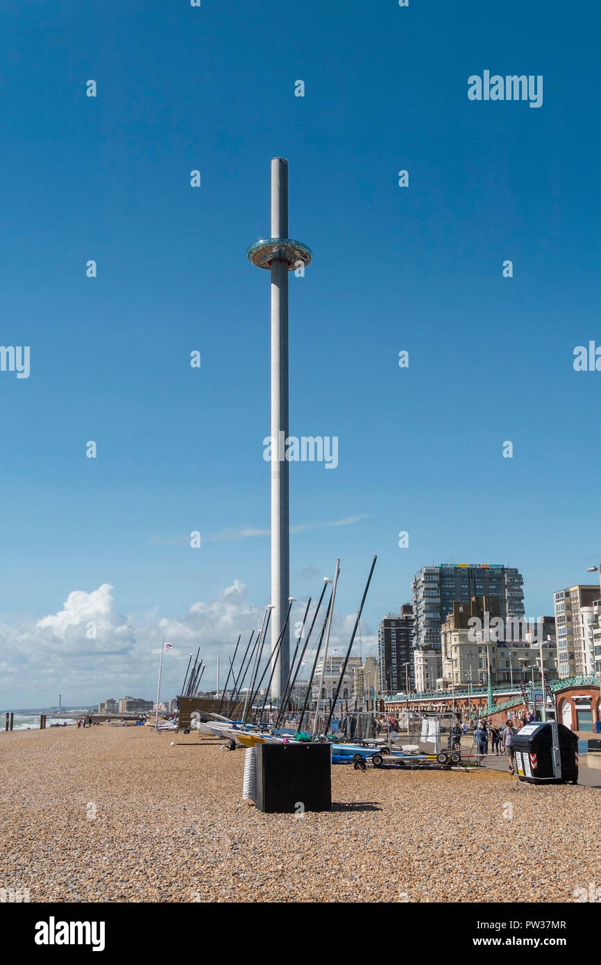 British Airways i360 observation tower and beach on Brighton seafront ...