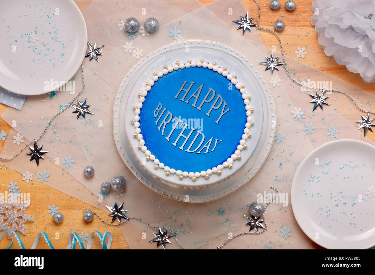 Blue cake with the happy birthday inscription Stock Photo