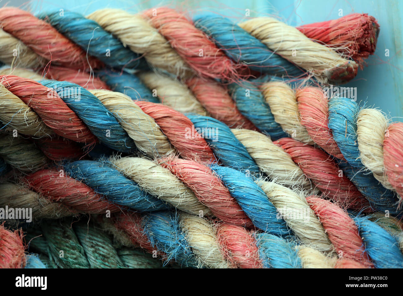 red white and blue strands of rope coil Stock Photo