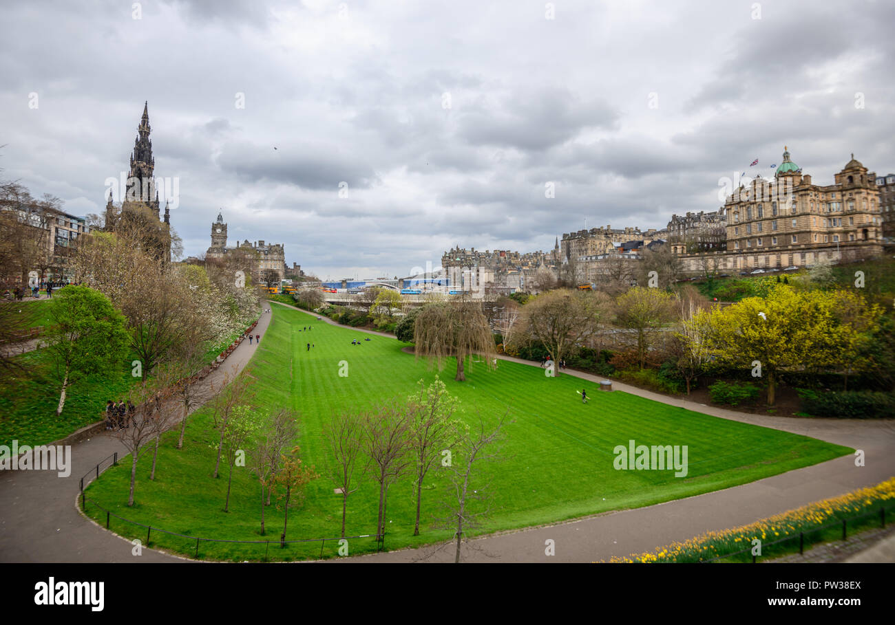 Princes Street Gardens view to Scott Monument and Balmoral Hotel Edinburgh, Scotland, United Kingdom Stock Photo