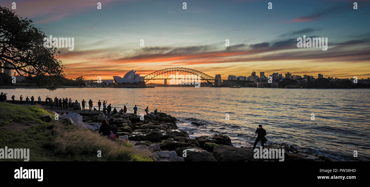Panorama of Sunset over Sydney Harbor and Harbor Bridge Stock Photo