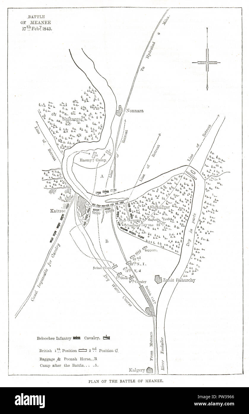 Plan of the Battle of Meeanee,  17 February 1843, also known as Battle of Miani Stock Photo