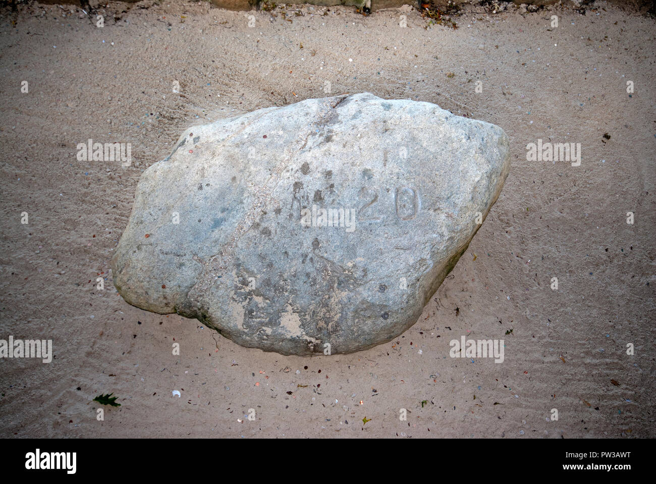 Plymouth Rock, the stone on which the first pilgrims disembarked from the Mayflower ship in 1620, Plymouth, Plymouth County, Massachusetts, USA Stock Photo
