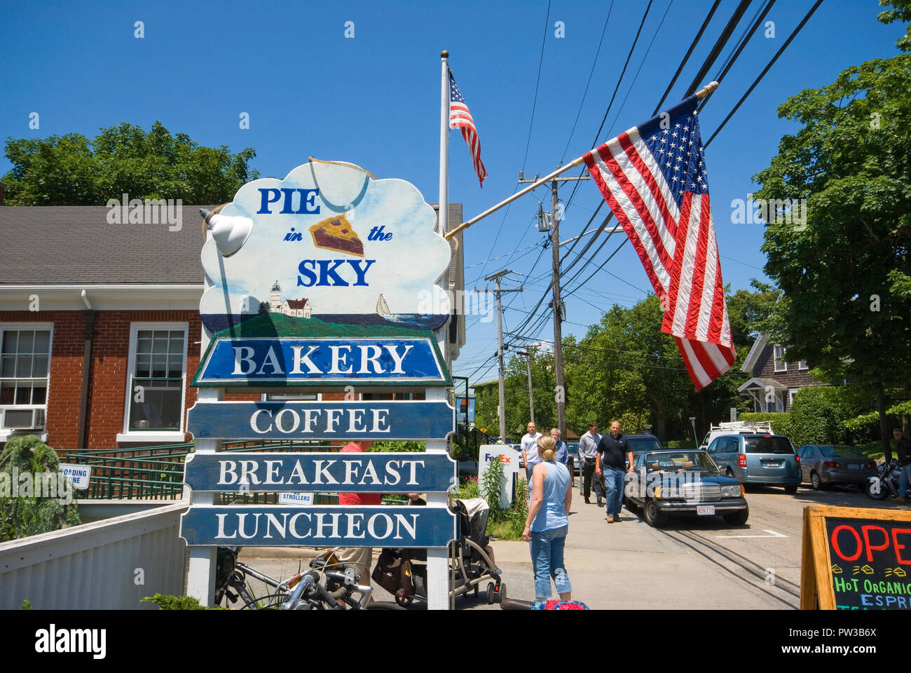 "Pie in the Sky" bakery sign and american flags, Woods Hole, Falmouth
