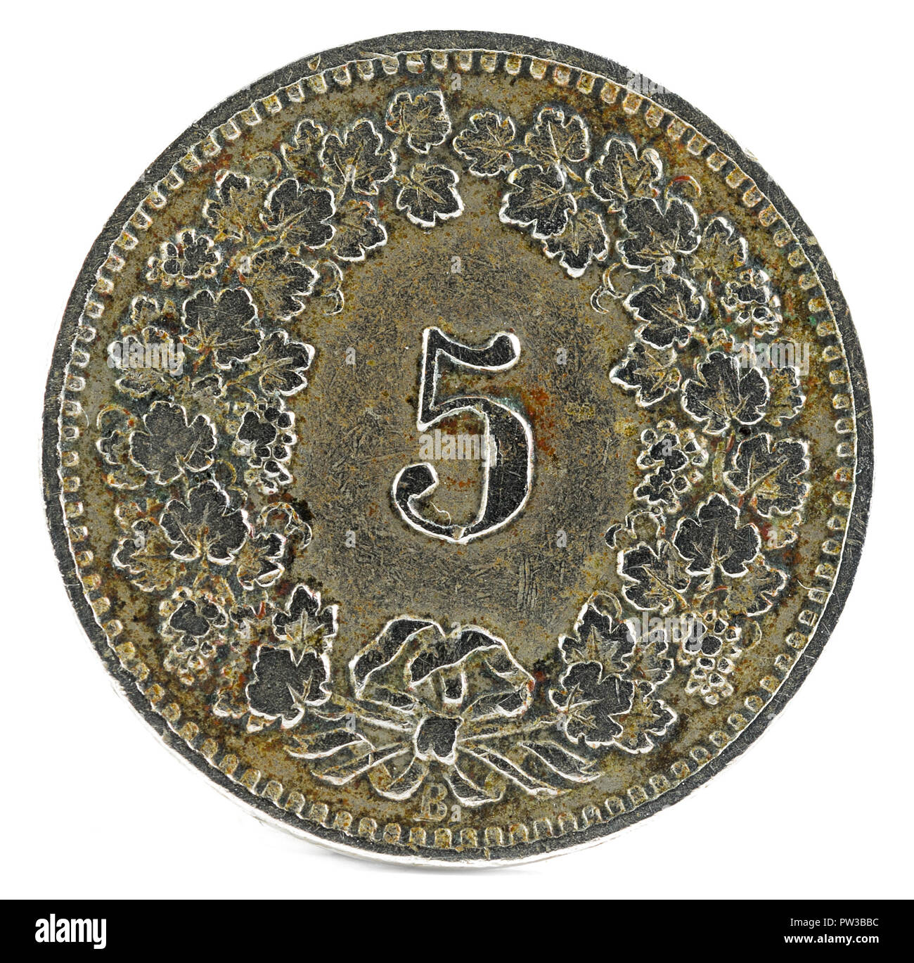 Old coin. 5 rappen. Switzerland 1913. Reverse. Stock Photo