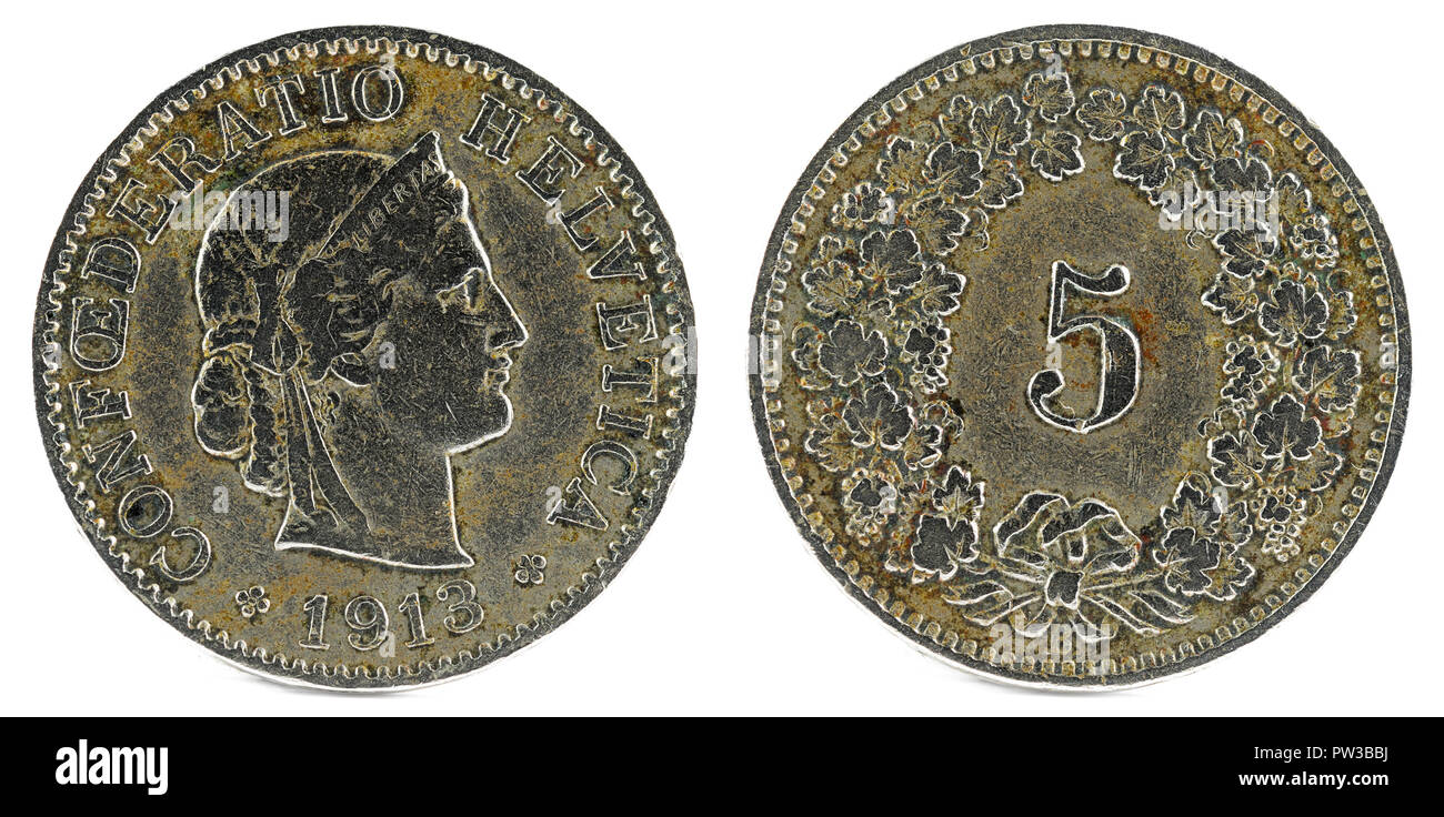 Old coin. 5 rappen. Switzerland 1913. Stock Photo