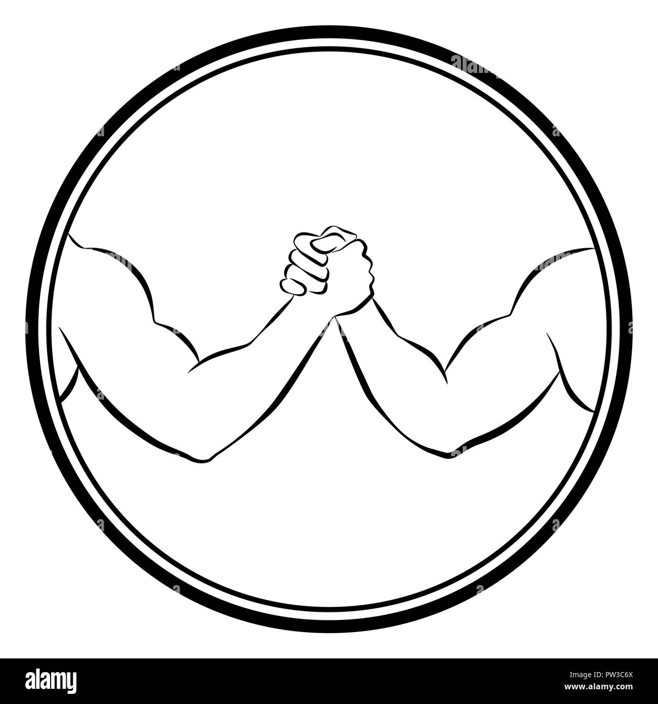 Arm wrestling competition - round logo outline illustration on white background. Stock Photo