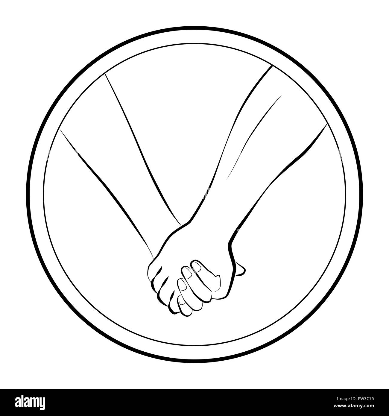 Holding hands of a love couple - round logo outline illustration on white background. Stock Photo