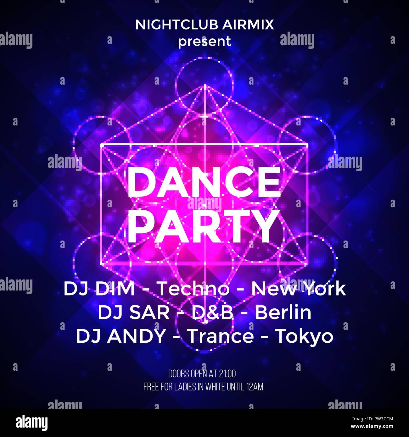 Dance party poster vector background template with particles, highlight and modern geometric shapes in pink and blue colors. Music event flyer or banner abstract. Vector Stock Vector