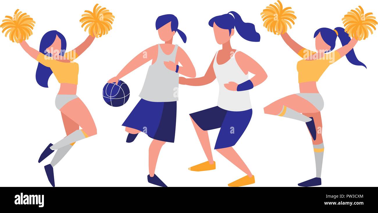 avatar cheerleaders and basketball players over white background ...