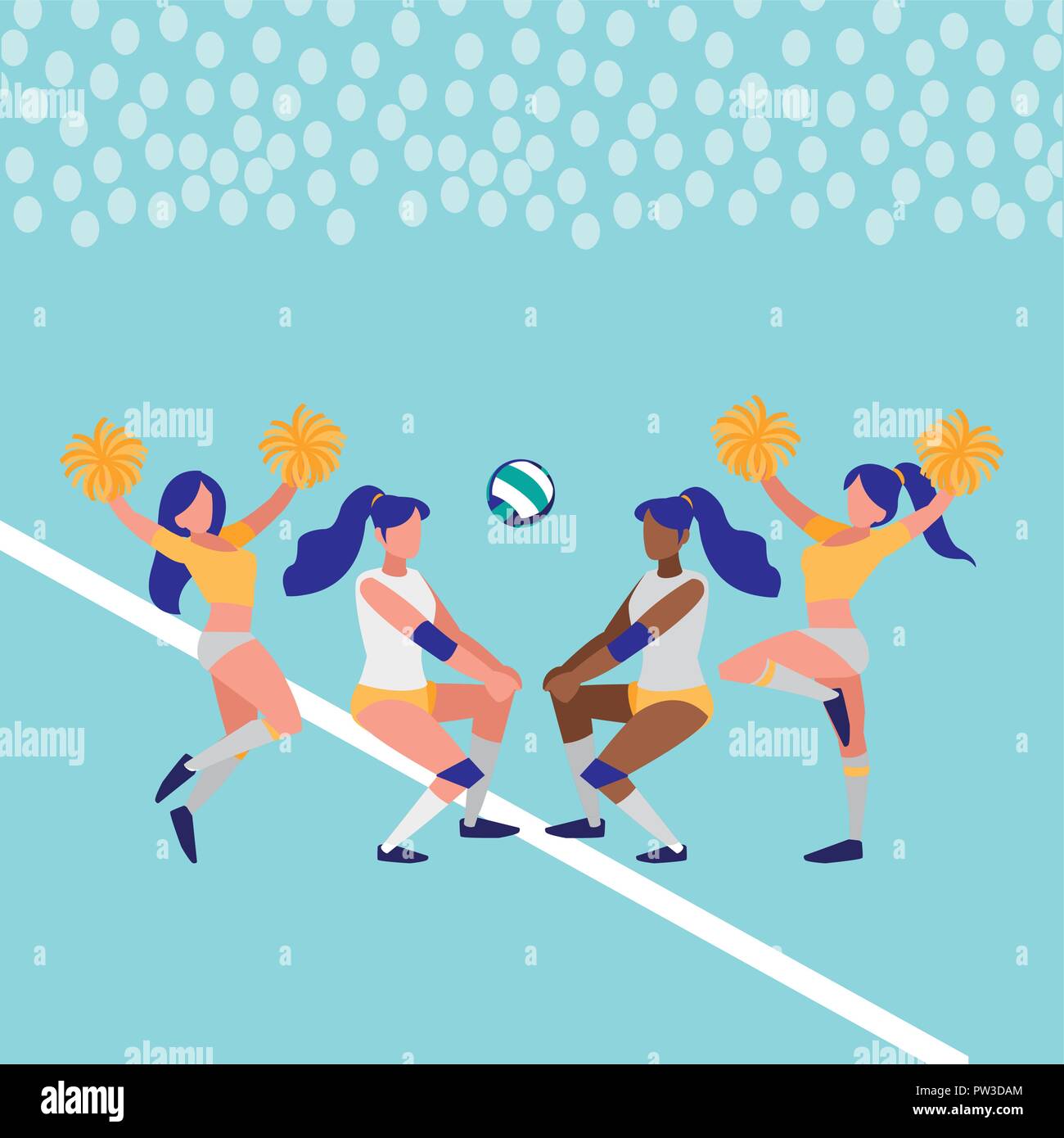 cheerleader girls and volleyball players over background, colorful