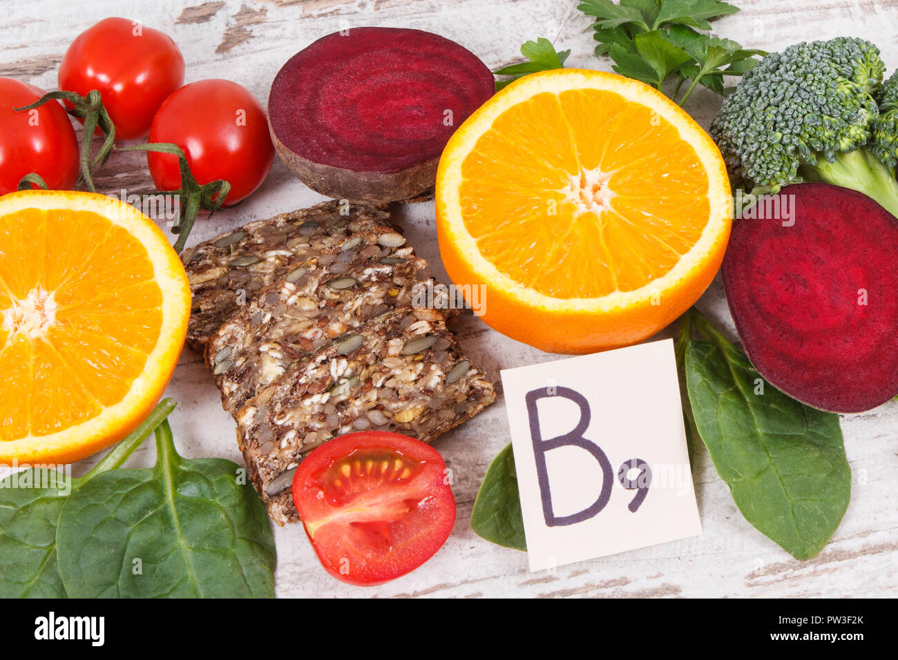 Nutritious ingredients containing vitamin B9, dietary fiber, natural minerals and folic acid, concept of healthy nutrition Stock Photo