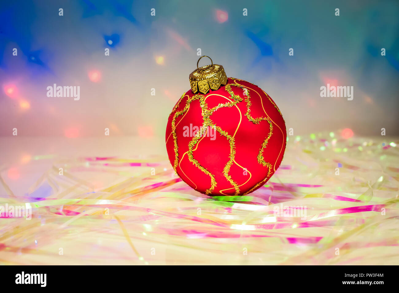 Red Christmas ball on the table Stock Photo