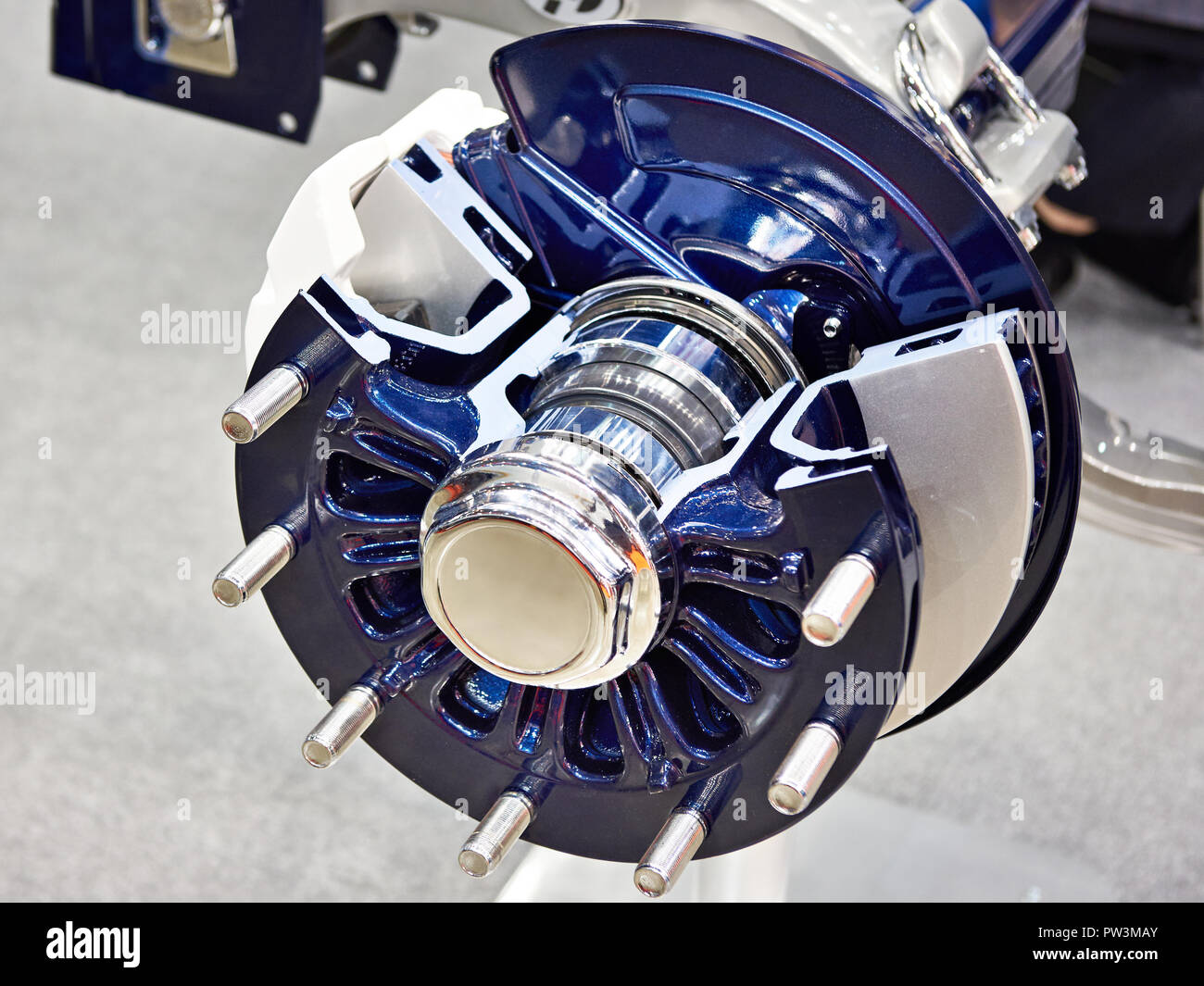 Wheel hub and brake support with disk of truck in section Stock Photo