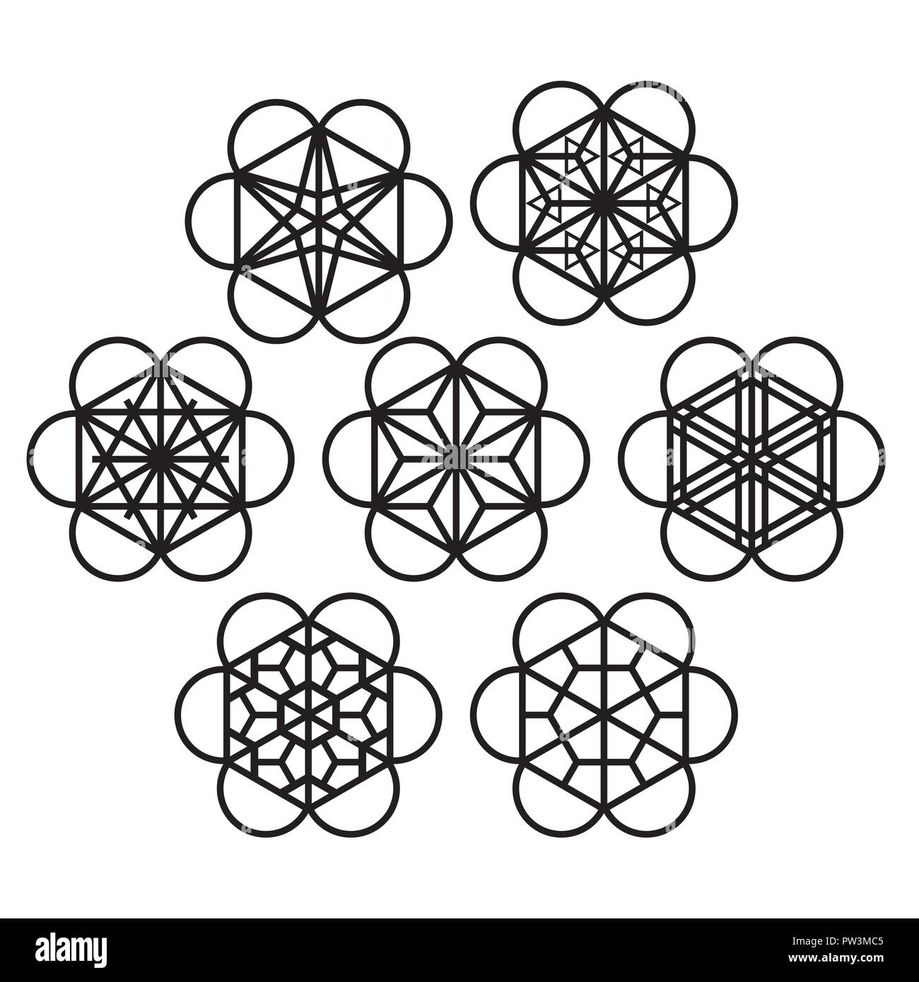 set of seven traditional Japanese ornaments Kumiko inscribed in a flower Stock Vector Image