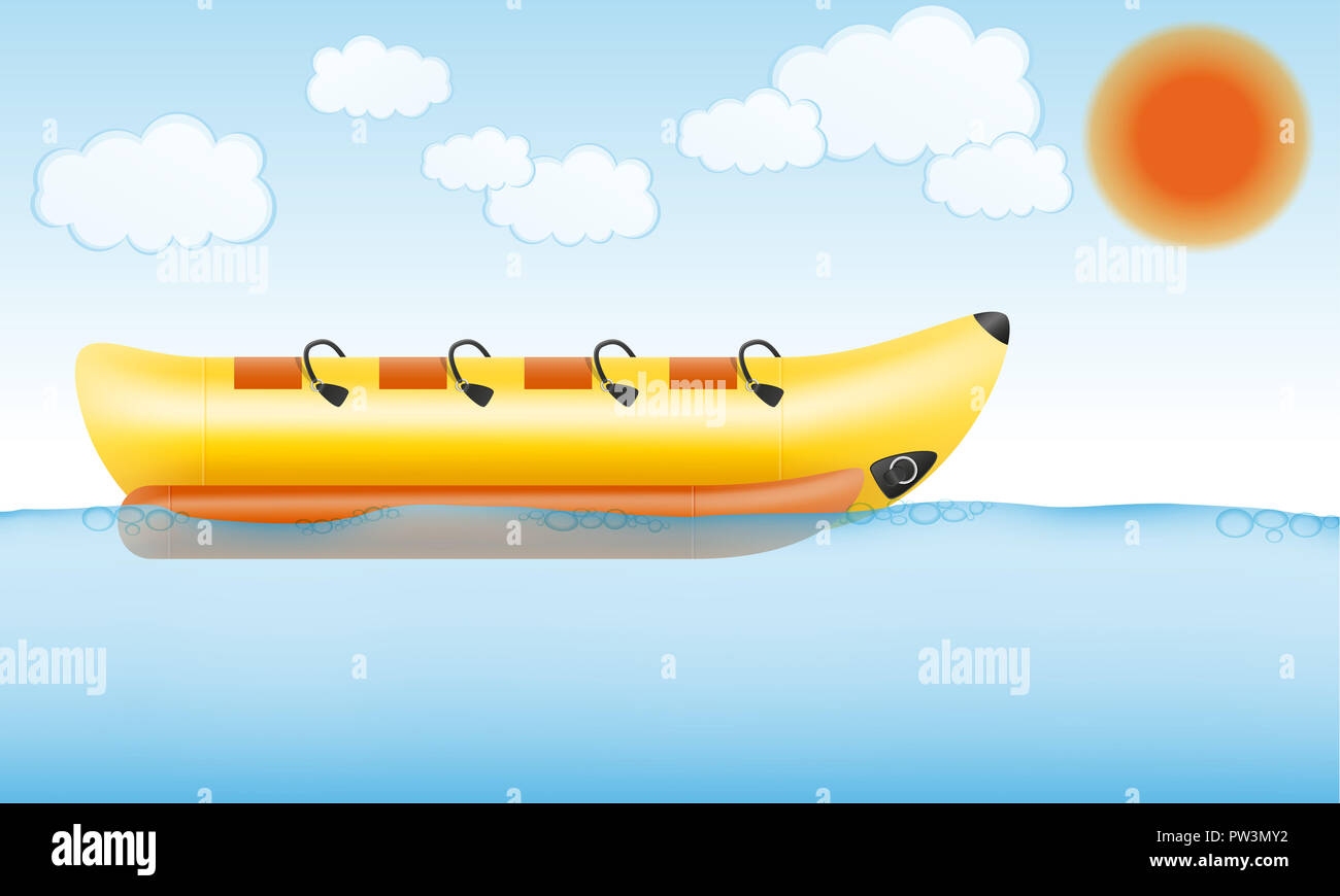 banana inflatable boat for water amusement vector illustration on sky