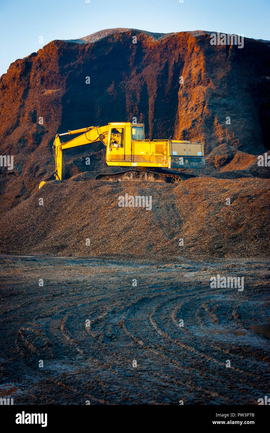 Excavator on a  woodchips pile in a biomass power plant, Veneto, Italy Stock Photo